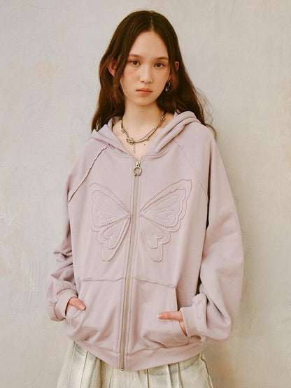 DIDDI MODA Lace Bow Butterfly Hoodie Grey Oversized Cotton Sweatshirt