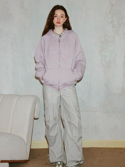 DIDDI MODA Lace Bow Butterfly Hoodie Grey Oversized Cotton Sweatshirt
