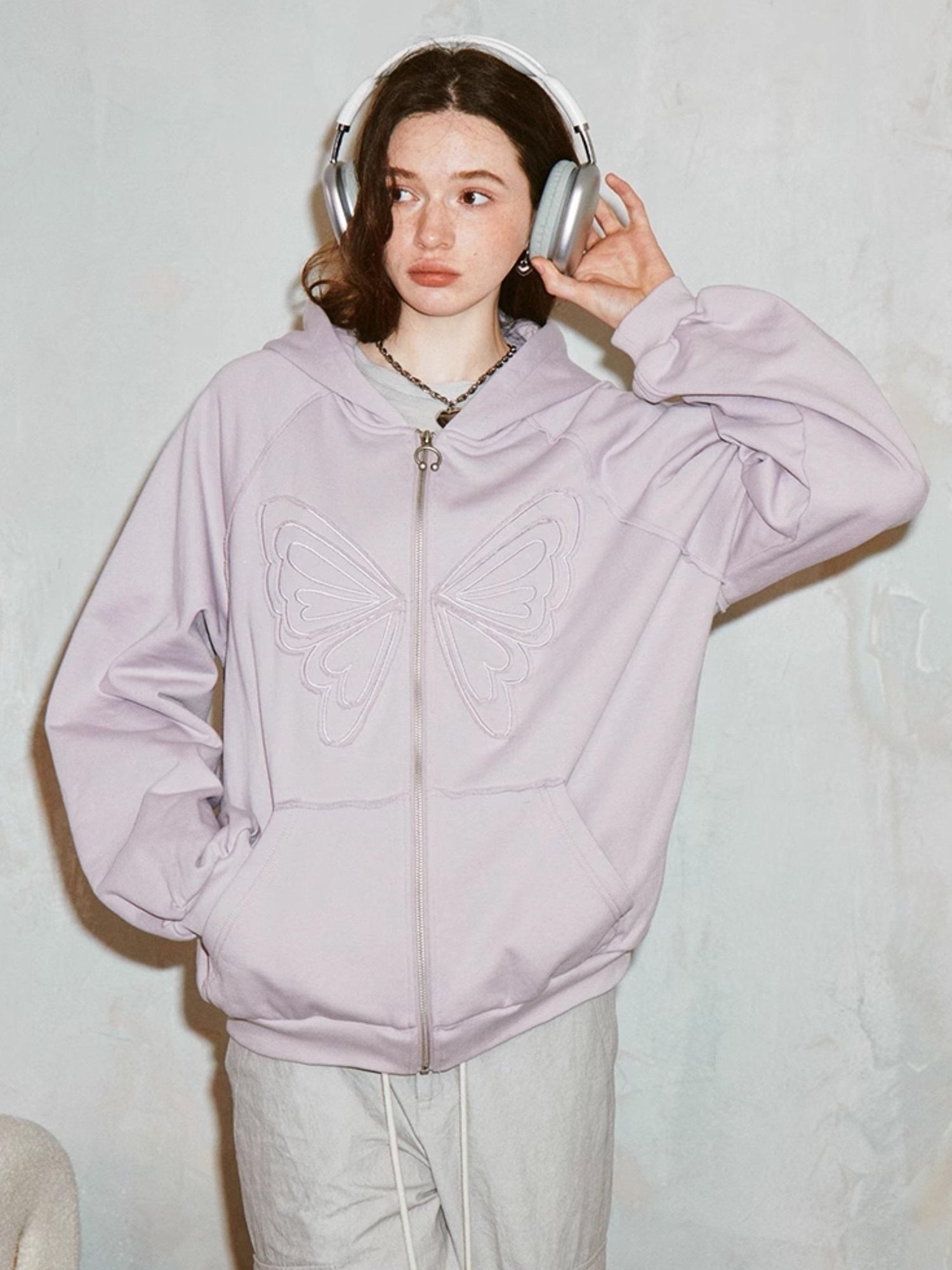 DIDDI MODA Lace Bow Butterfly Hoodie Grey Oversized Cotton Sweatshirt