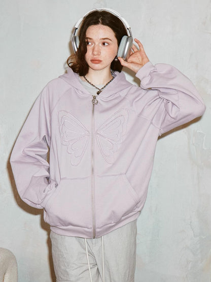 DIDDI MODA Lace Bow Butterfly Hoodie Grey Oversized Cotton Sweatshirt