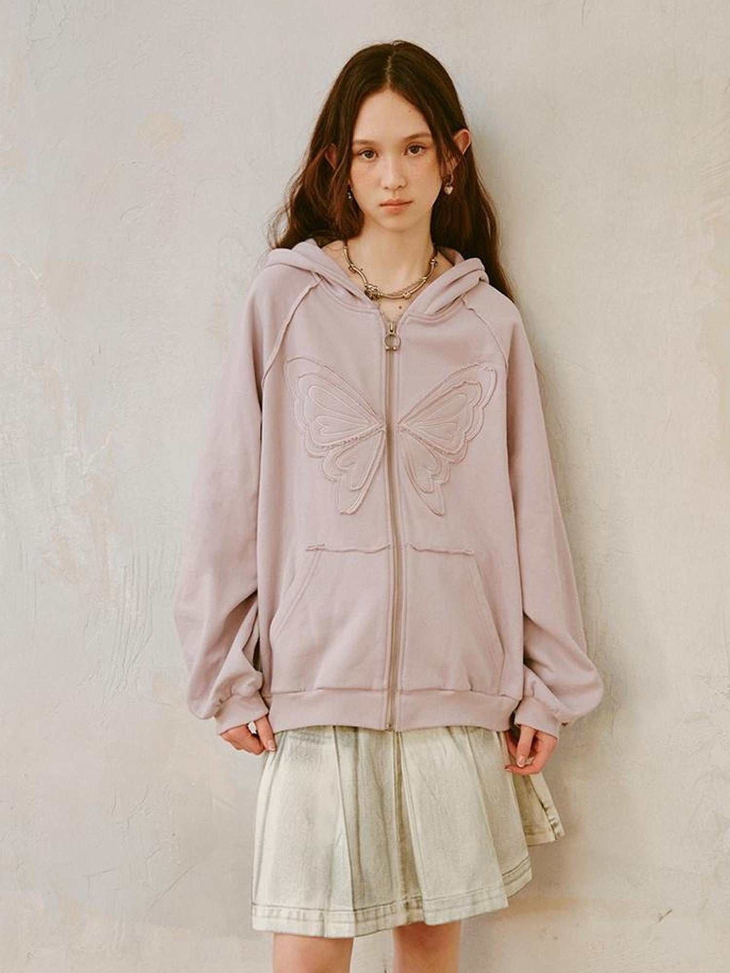 DIDDI MODA Lace Bow Butterfly Hoodie Grey Oversized Cotton Sweatshirt