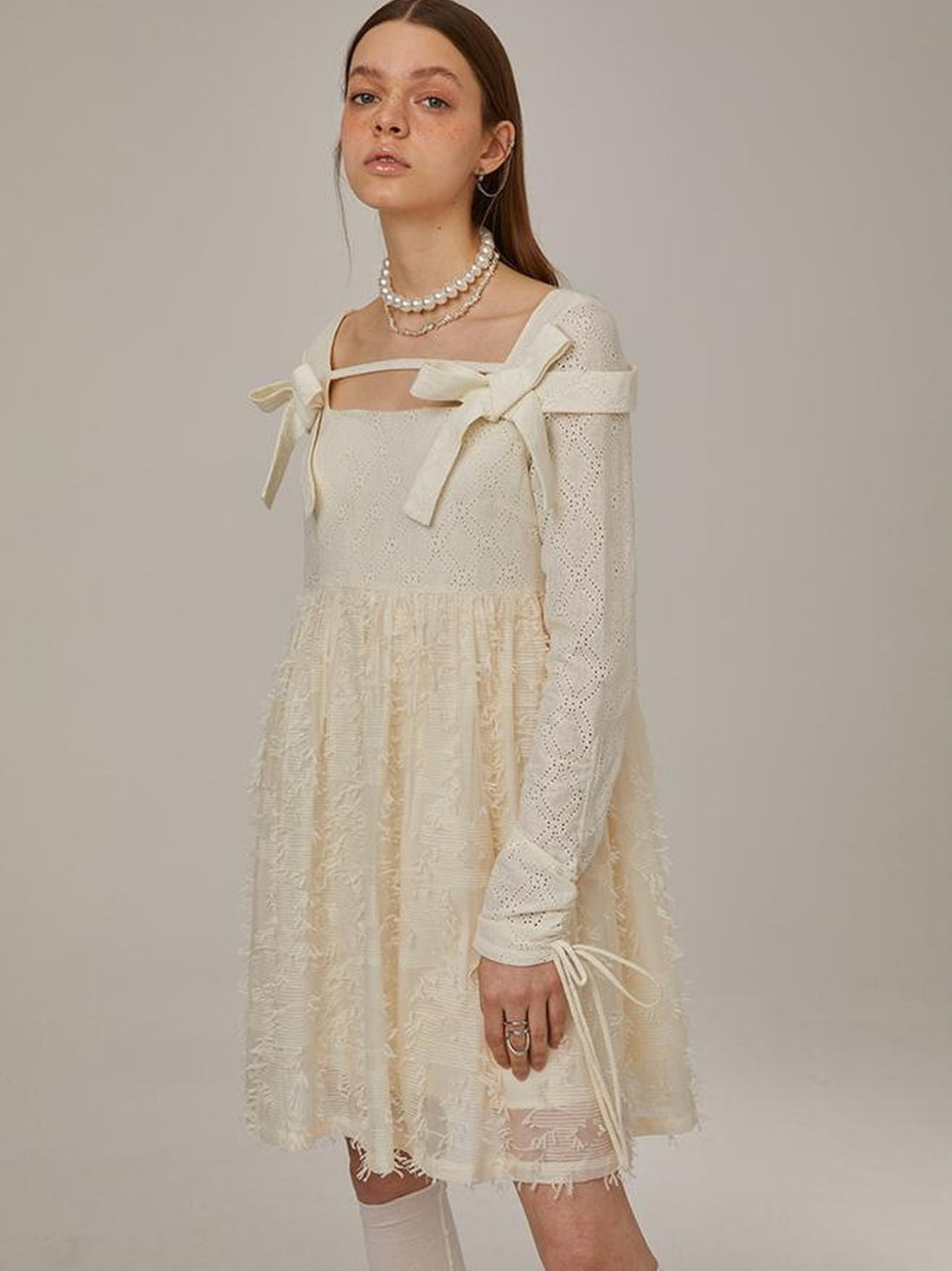 DIDDI MODA Lace Bow Checkered Spring Dress