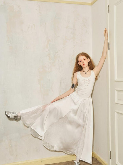 DIDDI MODA Lace Bow Embroidered A Line Dress With Slit Insert