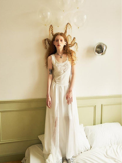 DIDDI MODA Lace Bow Embroidered A Line Dress With Slit Insert