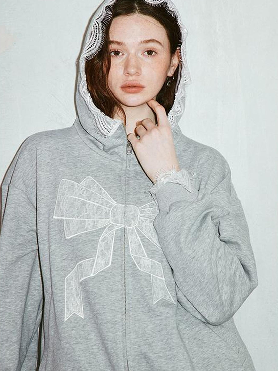 DIDDI MODA Lace Bow Gray Hoodie