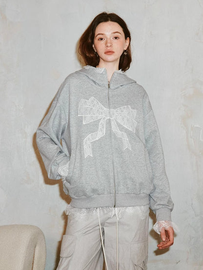 DIDDI MODA Lace Bow Gray Hoodie Sweatshirt Casual Oversized Top