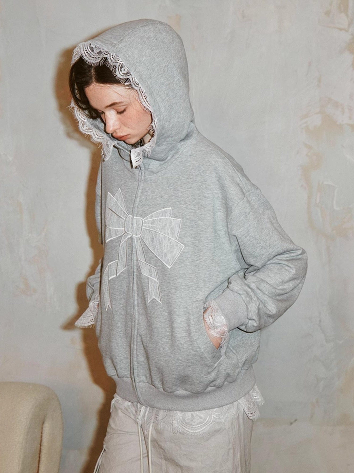 DIDDI MODA Lace Bow Gray Hoodie Sweatshirt Casual Oversized Top