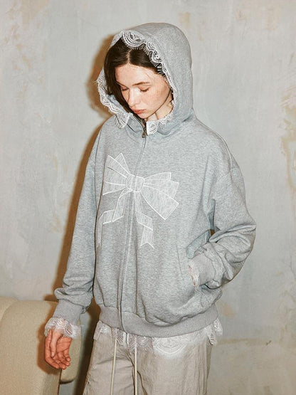 DIDDI MODA Lace Bow Gray Hoodie Sweatshirt Casual Oversized Top