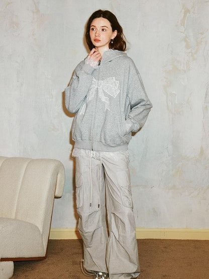 DIDDI MODA Lace Bow Gray Hoodie Sweatshirt Casual Oversized Top