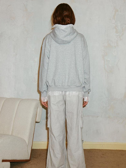 DIDDI MODA Lace Bow Gray Hoodie Sweatshirt Casual Oversized Top