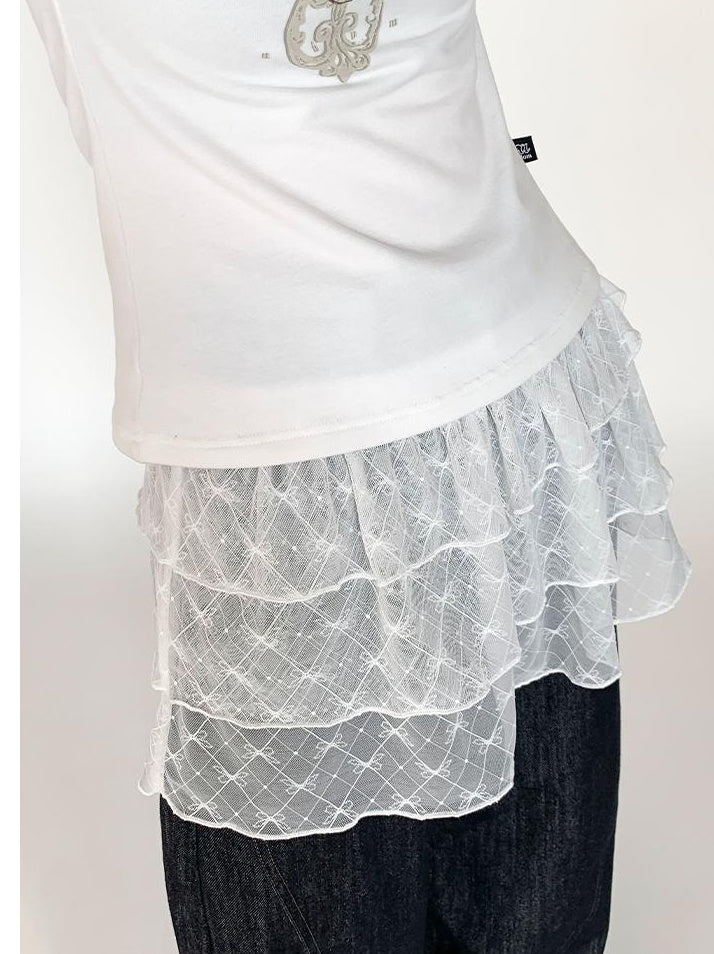 Lace Bow Layered Ruffle Tiered A-Line Mini Skirt