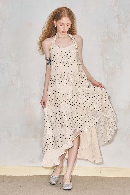 DIDDI MODA Lace Cutout Asymmetrical Halter Maxi Dress
