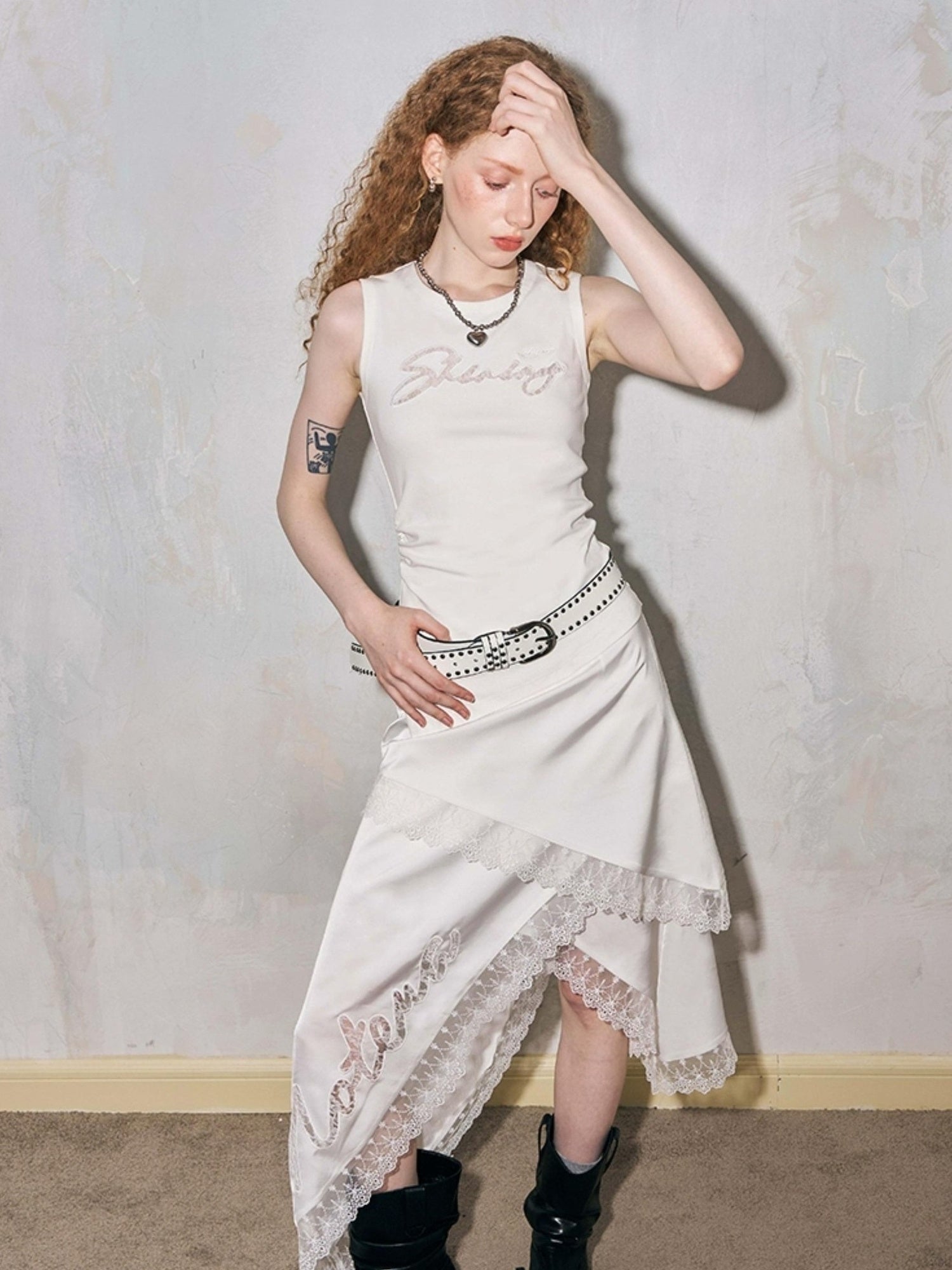 DIDDI MODA Lace Cutout Patchwork Asymmetric Slim Twist Front Summer Vest