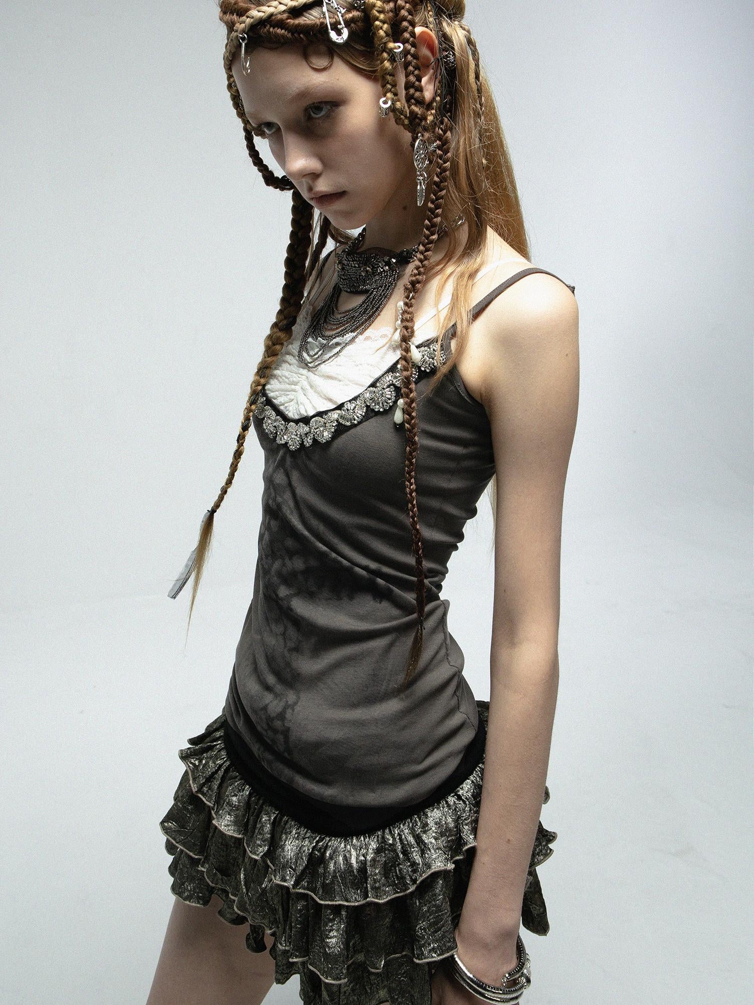 DoublePunch Lace Knit Cross Print Cami Top With Rhinestones Women Fashion Tops