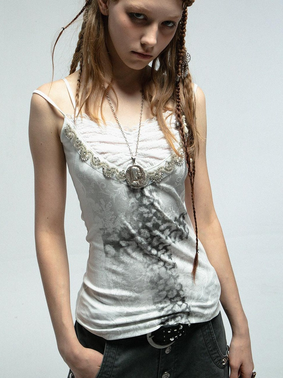 DoublePunch Lace Knit Cross Print Cami Top With Rhinestones Women Fashion Tops