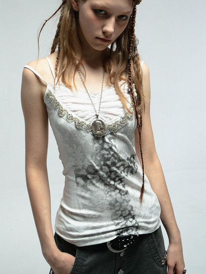 DoublePunch Lace Knit Cross Print Cami Top With Rhinestones Women Fashion Tops