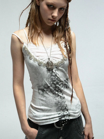 Lace Knit Cross Print Cami Top With Rhinestones Women Fashion Tops