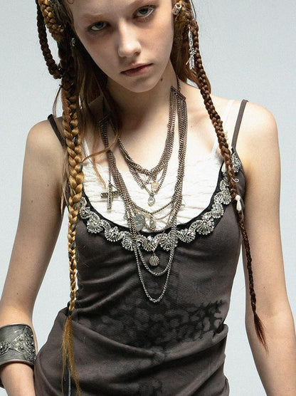 DoublePunch Lace Knit Cross Print Cami Top With Rhinestones Women Fashion Tops