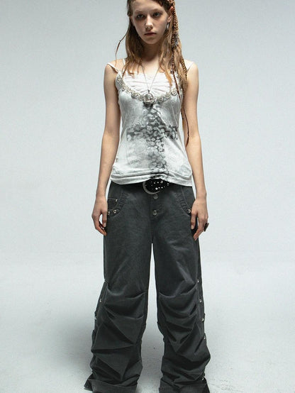 DoublePunch Lace Knit Cross Print Cami Top With Rhinestones Women Fashion Tops