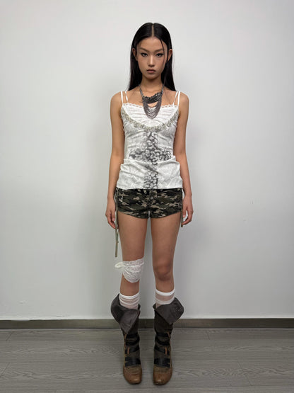 DoublePunch Lace Knit Cross Print Cami Top With Rhinestones Women Fashion Tops