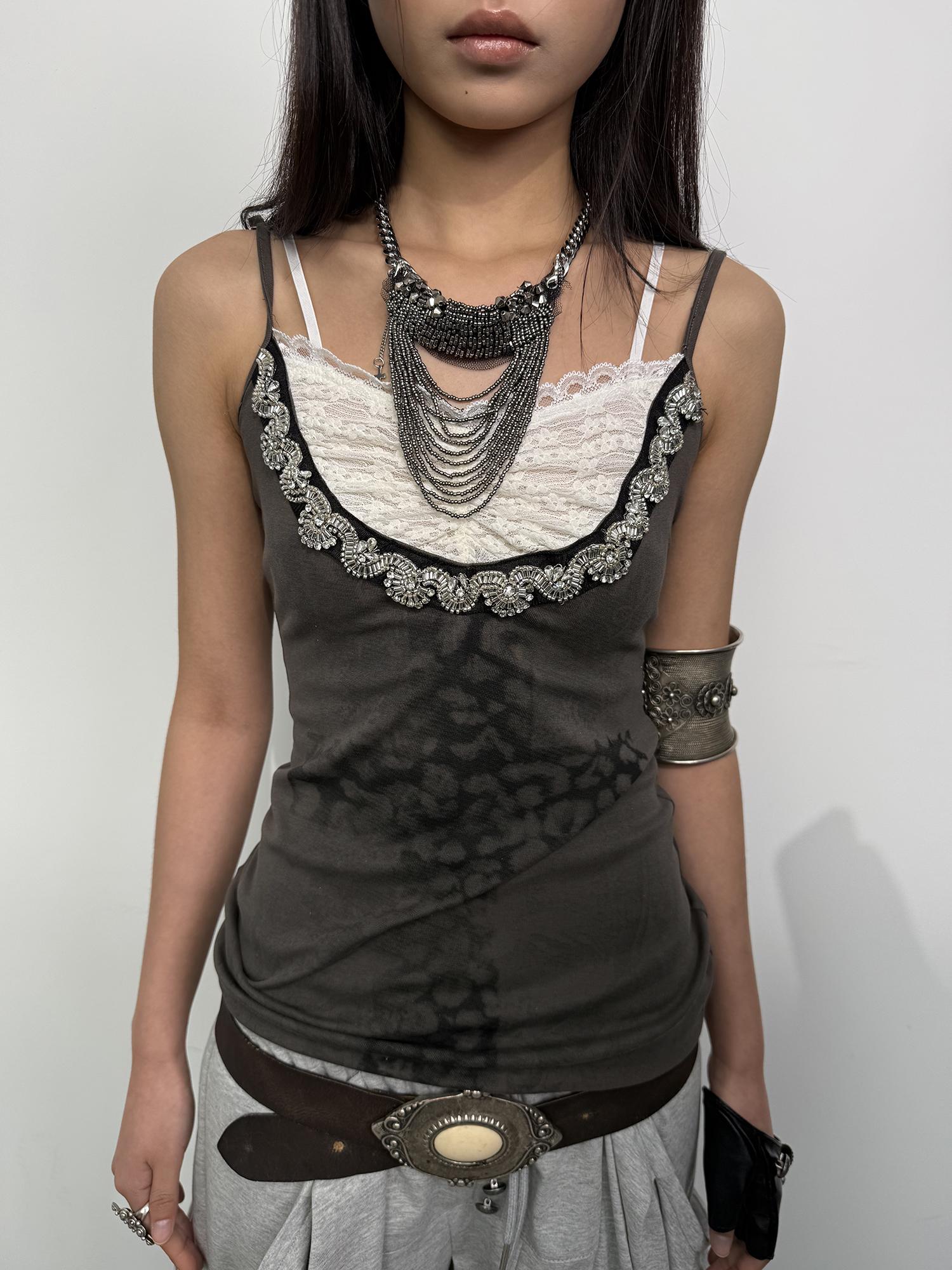 DoublePunch Lace Knit Cross Print Cami Top With Rhinestones Women Fashion Tops