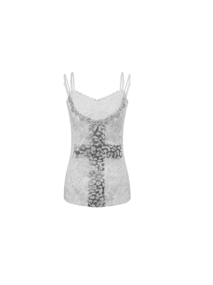 DoublePunch Lace Knit Cross Print Cami Top With Rhinestones Women Fashion Tops