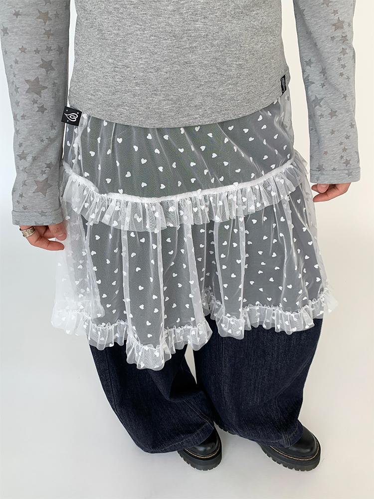 Lace Mesh Polka Dot Ruffle Elastic Waist Layered Skirt