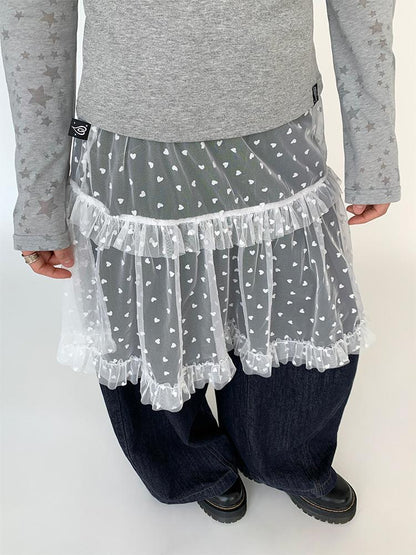 Lace Mesh Polka Dot Ruffle Elastic Waist Layered Skirt