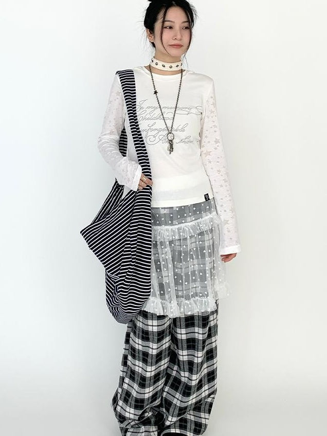Lace Mesh Polka Dot Ruffle Elastic Waist Layered Skirt