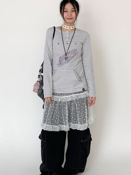 Lace Mesh Polka Dot Ruffle Elastic Waist Layered Skirt