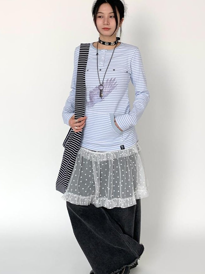 Lace Mesh Polka Dot Ruffle Elastic Waist Layered Skirt