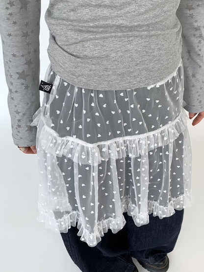 Lace Mesh Polka Dot Ruffle Elastic Waist Layered Skirt