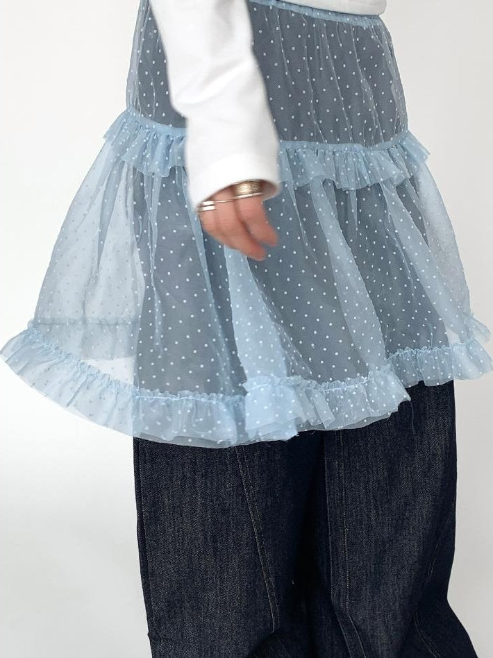 Lace Mesh Polka Dot Ruffle Elastic Waist Layered Skirt
