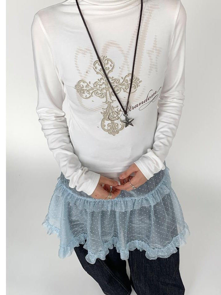 Lace Mesh Polka Dot Ruffle Elastic Waist Layered Skirt
