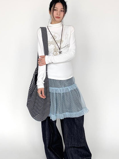 Lace Mesh Polka Dot Ruffle Elastic Waist Layered Skirt