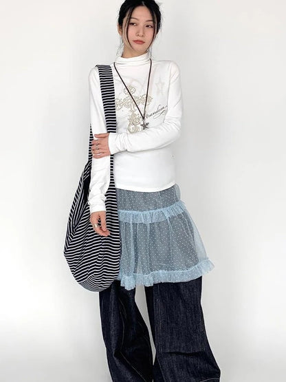 Lace Mesh Polka Dot Ruffle Elastic Waist Layered Skirt