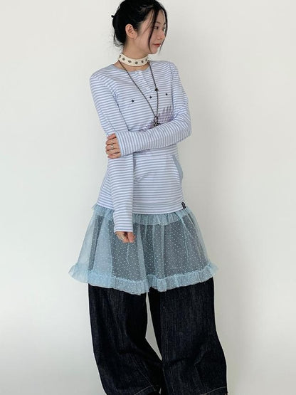 Lace Mesh Polka Dot Ruffle Elastic Waist Layered Skirt