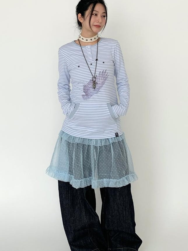 Lace Mesh Polka Dot Ruffle Elastic Waist Layered Skirt