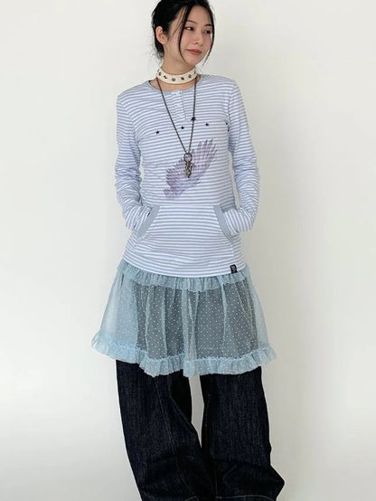 Lace Mesh Polka Dot Ruffle Elastic Waist Layered Skirt
