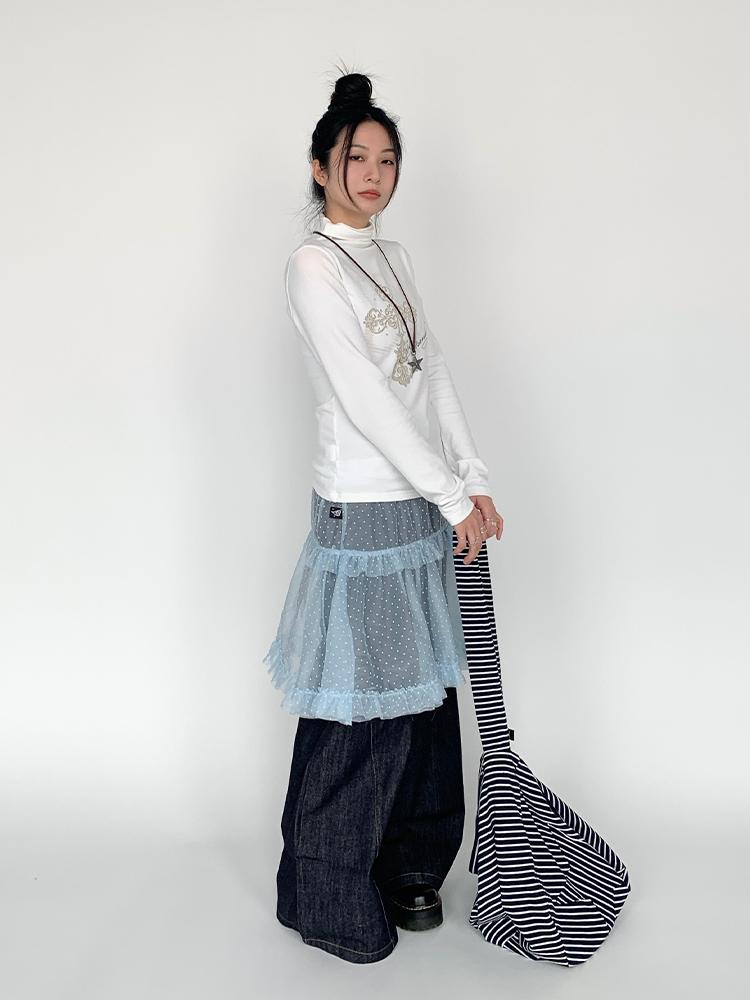 Lace Mesh Polka Dot Ruffle Elastic Waist Layered Skirt