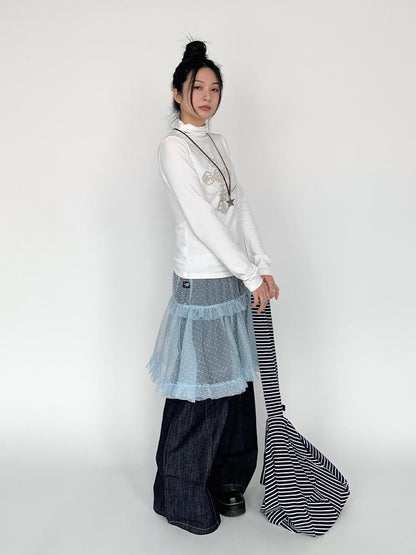 Lace Mesh Polka Dot Ruffle Elastic Waist Layered Skirt