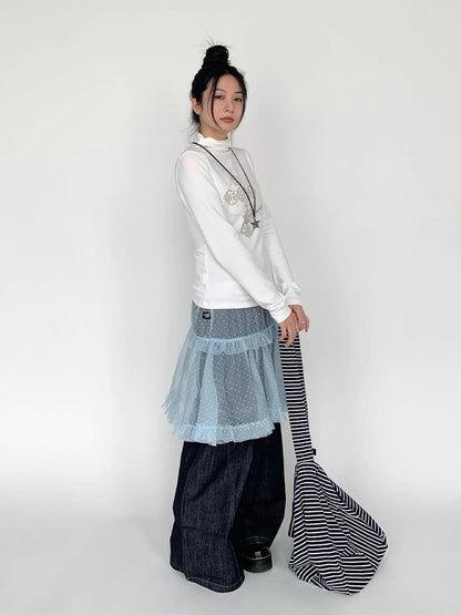 Lace Mesh Polka Dot Ruffle Elastic Waist Layered Skirt