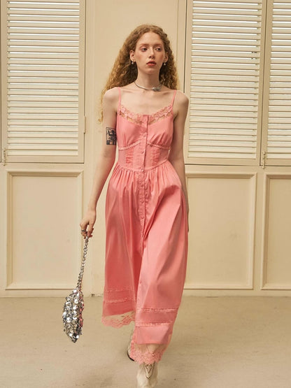 DIDDI MODA Lace Overlay Slip Dress With Floral Embroidery