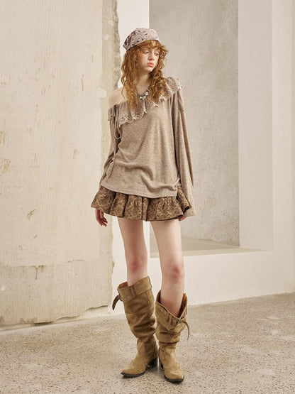 DIDDI MODA Lace Paneled Ruffle Knit Top