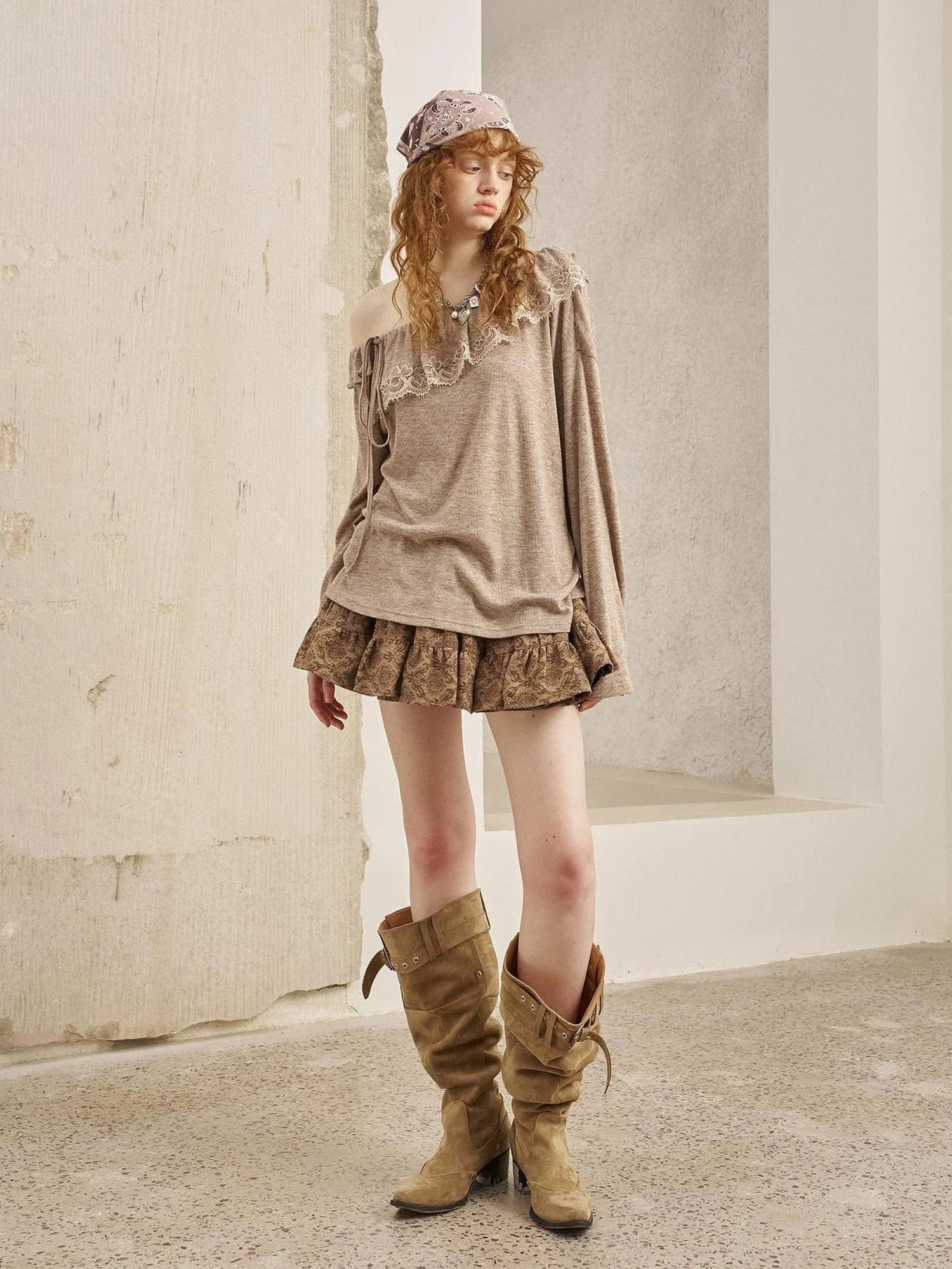 Lace Paneled Ruffle Knit Top