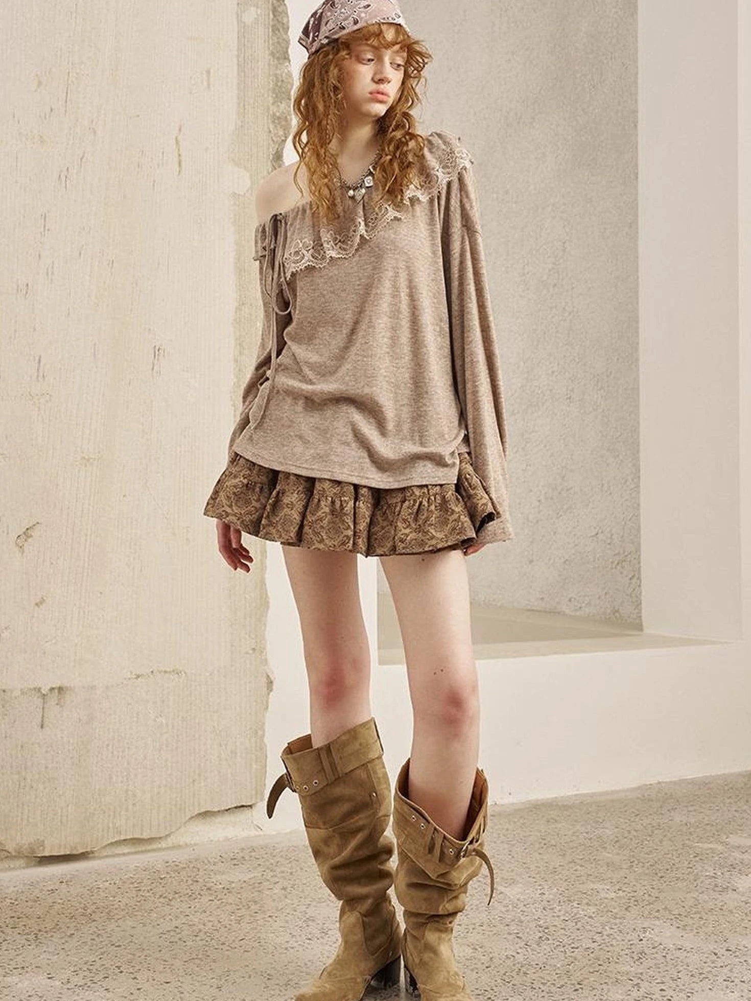 Lace Paneled Ruffle Knit Top