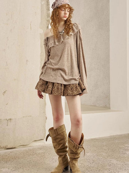 Lace Paneled Ruffle Knit Top