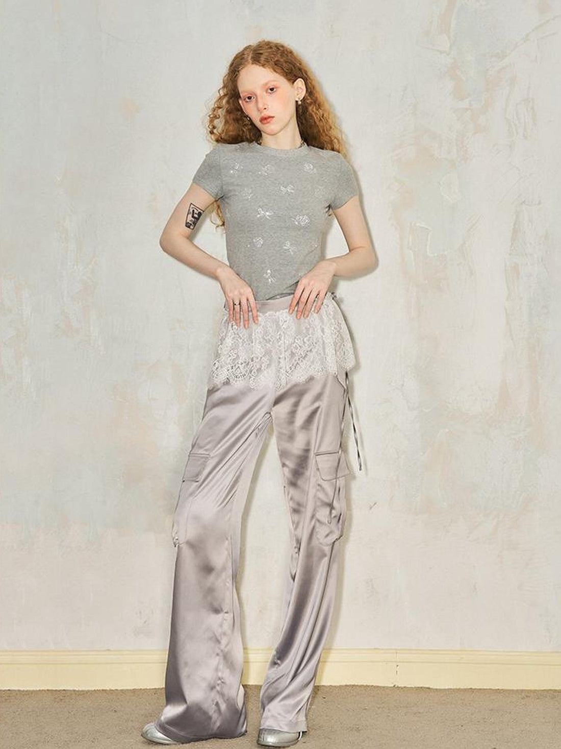 DIDDI MODA Lace Paneled Satin Cargo Pants