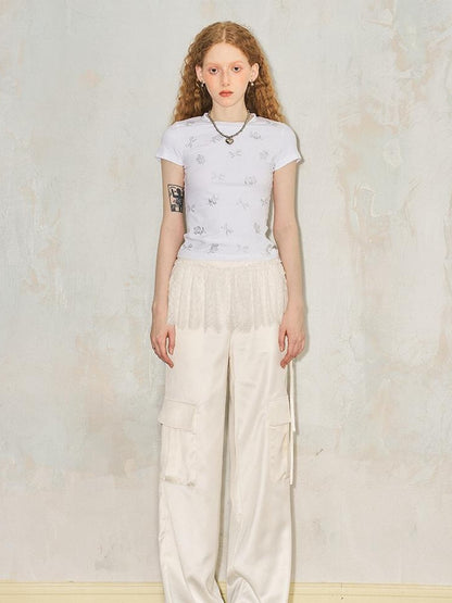 DIDDI MODA Lace Paneled Satin Cargo Pants