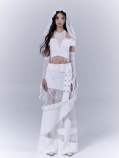 WSW WUSHENWU Lace Patched Punk Silhouette Slit Maxi Dress